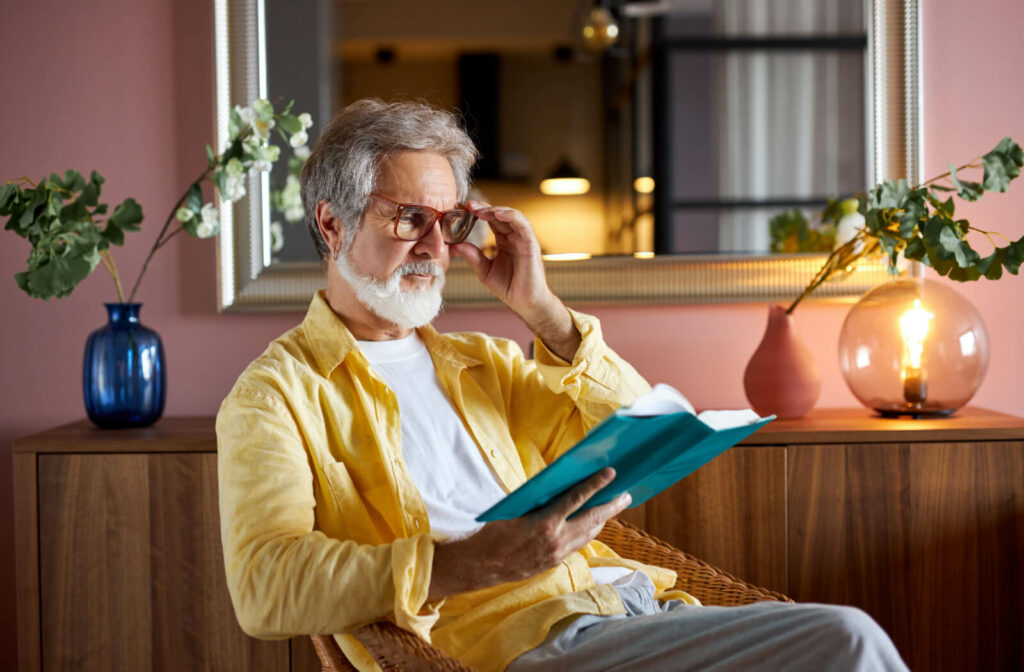 A gentleman, with gray hair, wearing a yellow long-sleeved shirt and with reading glasses, sits comfortably in a chair while reading a book