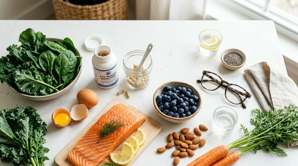 Salmon, kale, spinach, blueberries, eggs, almonds, carrots, chia seeds, supplement bottle and glasses arranged on a white counter.