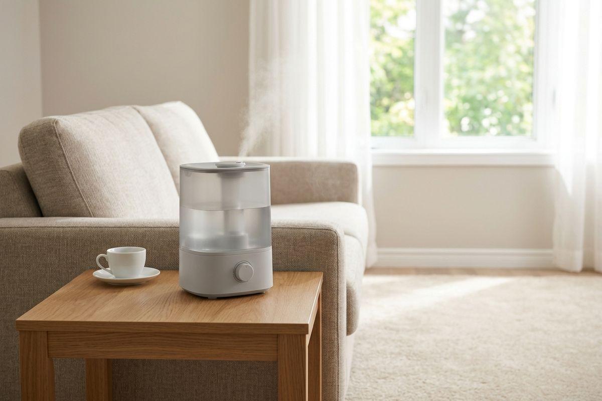 White humidifier emitting mist on a wooden side table beside a beige sofa in a bright living room, with a small cup and saucer nearby.
