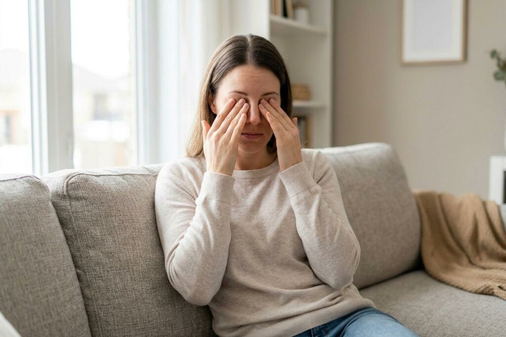 Adult sitting on a sofa, pressing both hands over their closed eyes, in a living room with a window behind them.