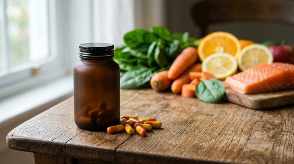 Amber supplement bottle with capsules on a wooden table beside spinach, carrots, citrus, and salmon.
