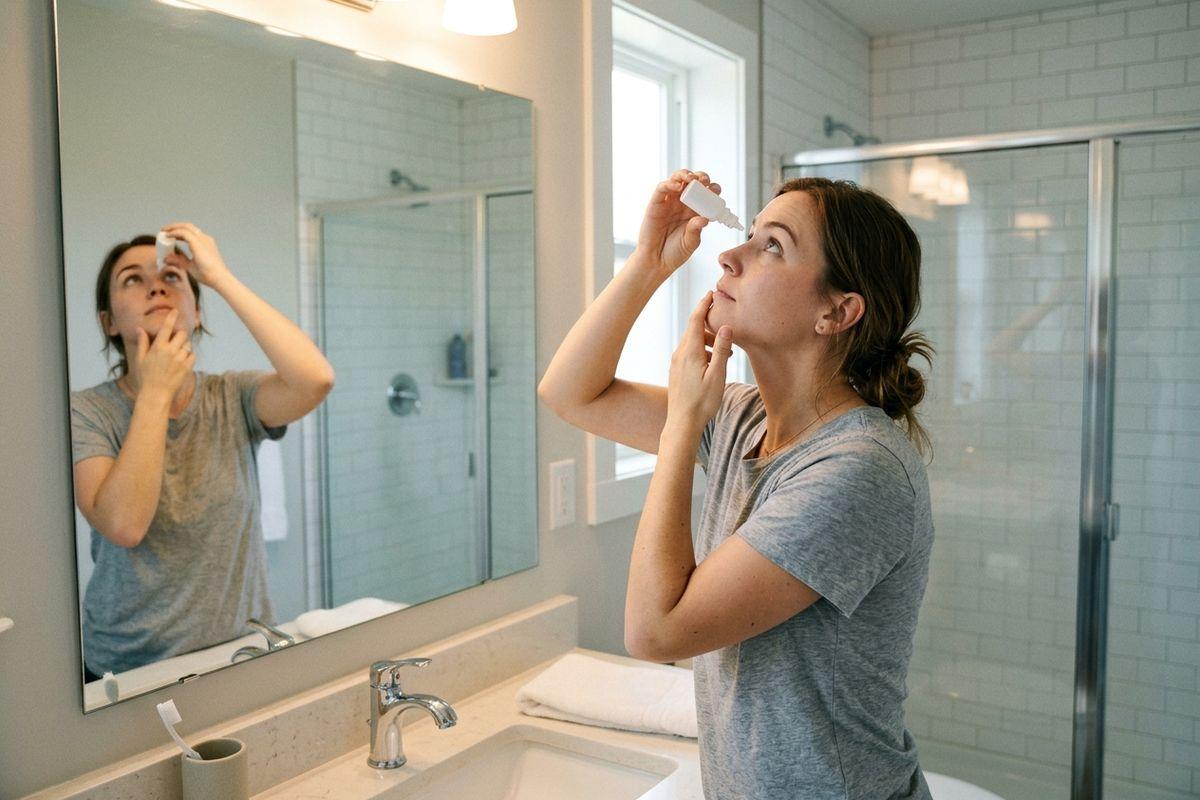 Adult applying eye drops from a small bottle while standing at a bathroom sink, reflection visible in the mirror.