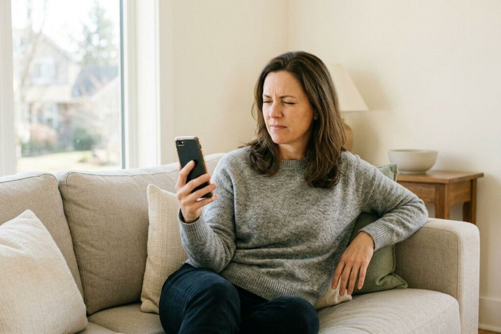 Adult sitting on a sofa looking at a smartphone with a concerned expression, in a bright living room.