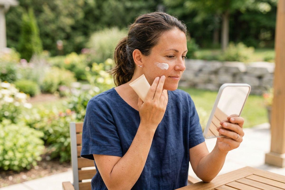 Adult sitting outdoors at a wooden table, applying white cream to one cheek while looking into a handheld mirror, garden in background.
