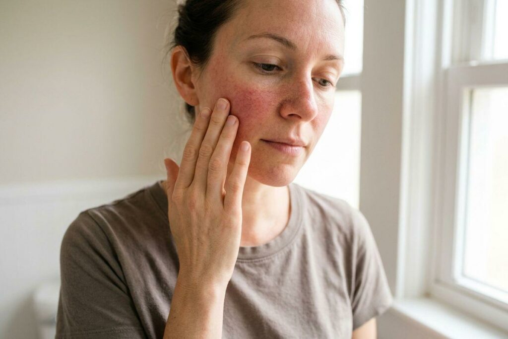Adult touching one cheek with fingertips, looking down with a concerned expression; redness visible across the cheeks and nose, beside a bright window.
