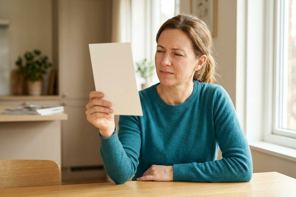 Adult in a teal sweater sits at a wooden table, squinting at a sheet of paper held at arm's length near a window.