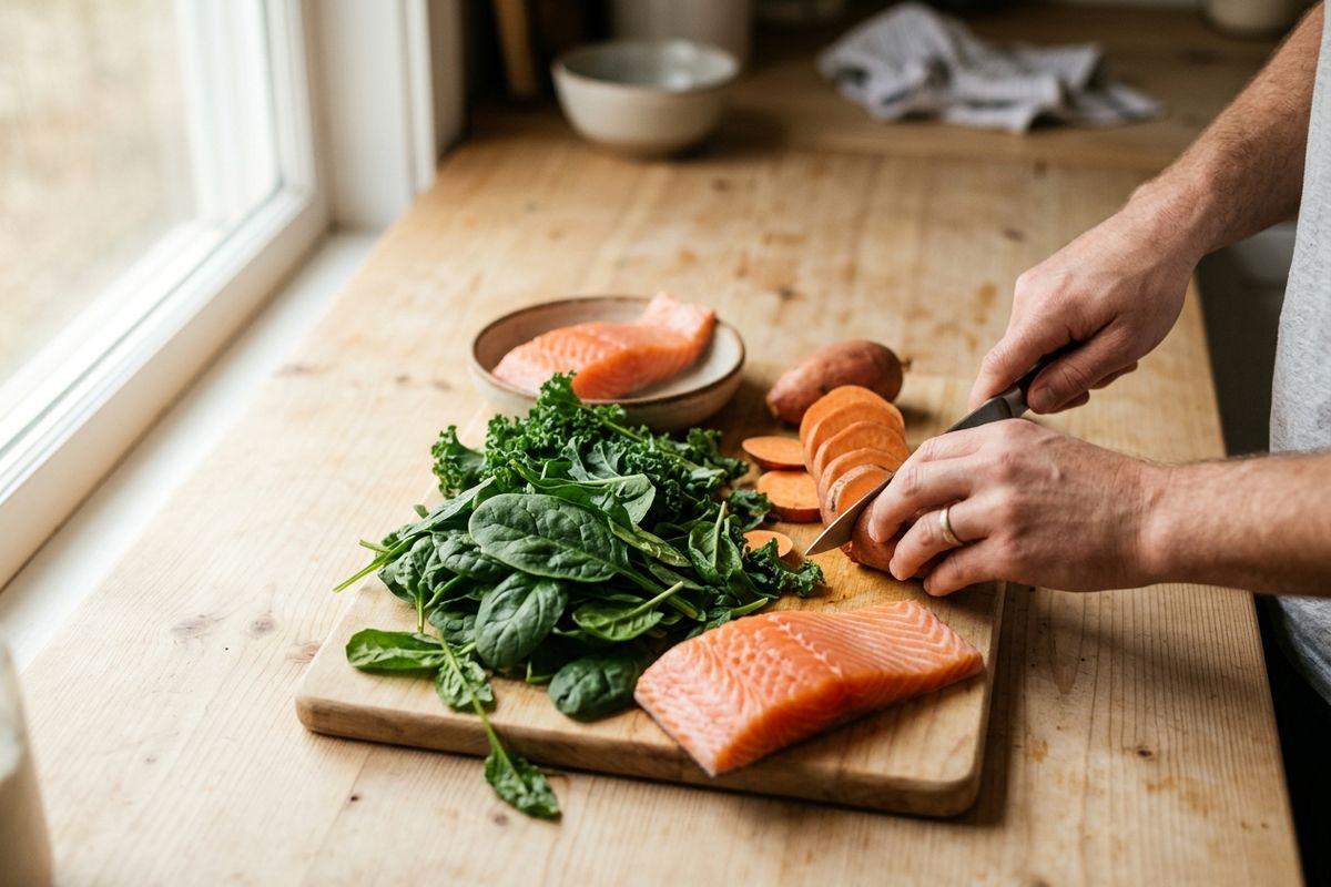 Person slicing sweet potato on a wooden board with salmon fillets, spinach and kale on a kitchen counter by a window.
